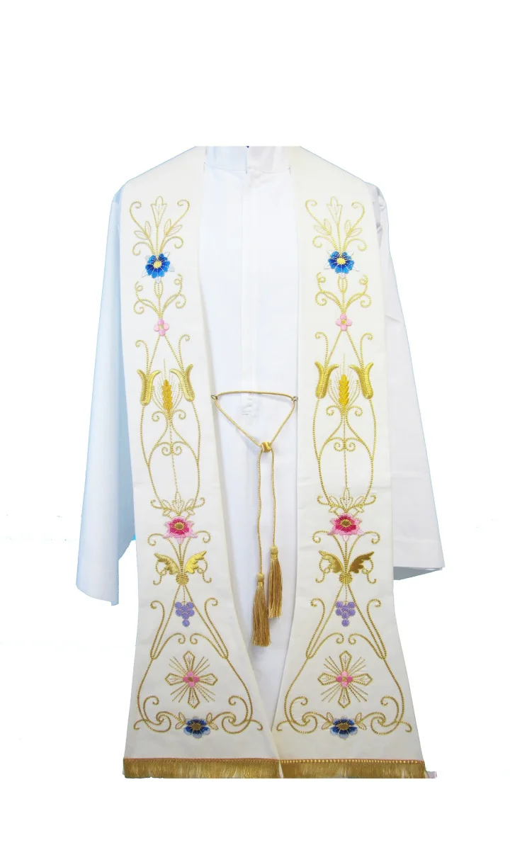 Stola per Sacerdote Romana con Ricami Floreali in Pura Lana (Colori Liturgici Disponibili)