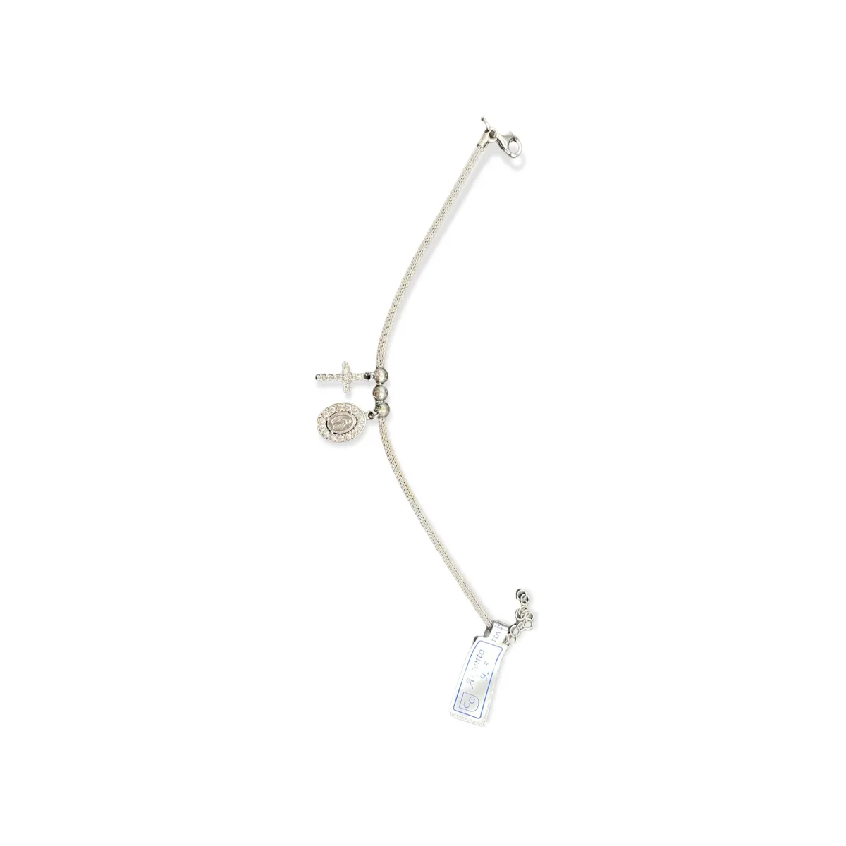 Bracciale Semirigido in Argento 925 con Croce e Medaglia Madonna Miracolosa in Zirconi - immagine 3